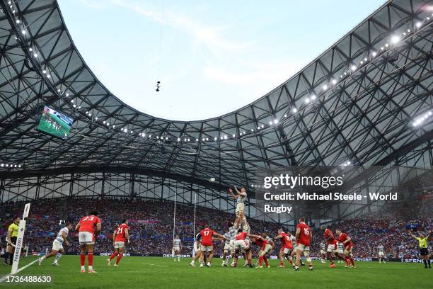 Guido Petti Pagadizabal of Argentina claims the ball at a lineout during the Rugby World Cup France 2023 Quarter Final match between Wales and...