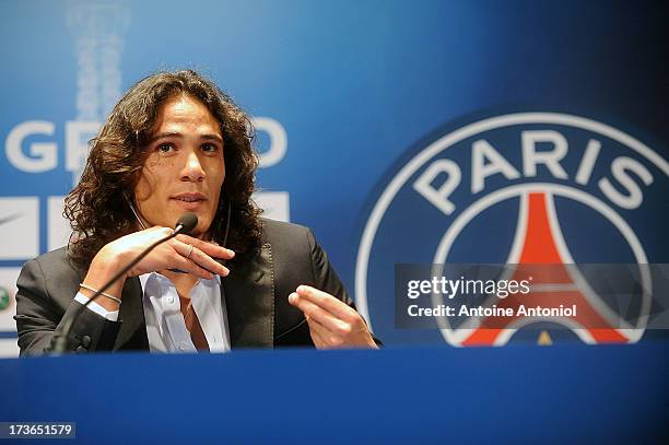 Paris Saint-Germain's new forward, Edinson Cavani, attends a press conference on July 16, 2013 in Paris, France. Cavani's transfer to Paris...