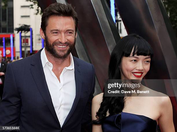 Hugh Jackman and Rila Fukushima attend the UK Premiere of 'The Wolverine' at Empire Leicester Square on July 16, 2013 in London, England.