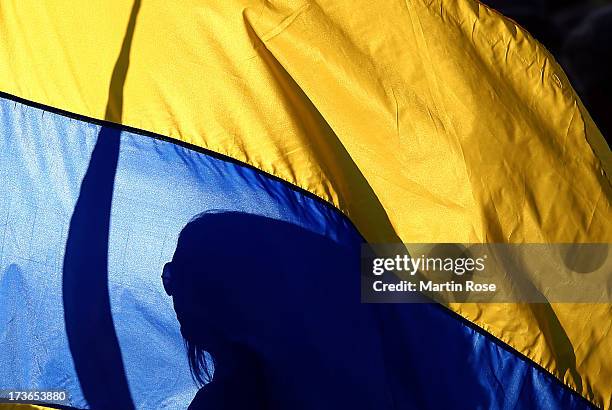 Supporter of Sweden is seen befind a swedish flag before the UEFA Women's Euro 2013 group A match between Sweden and Italy at Orjans Vall on July 16,...