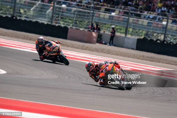 Moto2 rider Pedro Acosta of Spain and Red Bull KTM Ajo leads and wins the Race during the Race of the MotoGP Pertamina Grand Prix on October 15, 2023...