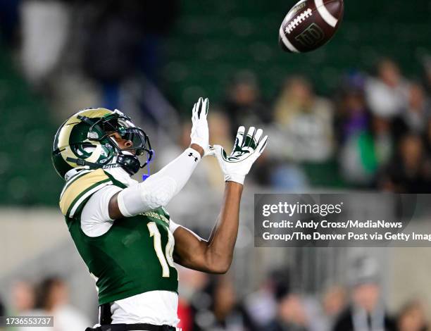 Colorado State Rams wide receiver Tory Horton during warmups before playing the Boise State Broncos at Canvas Stadium in Ft. Collins October 14, 2023.