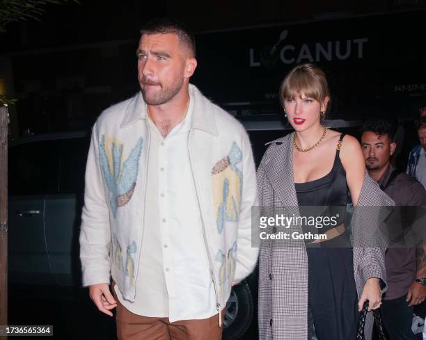 Travis Kelce and Taylor Swift arrive at SNL Afterparty on October 15, 2023 in New York City.