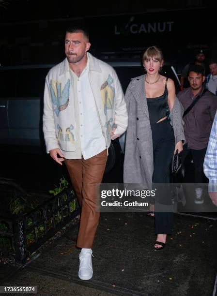 Travis Kelce and Taylor Swift arrive at SNL Afterparty on October 15, 2023 in New York City.