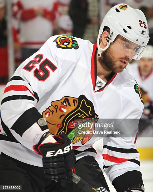 Viktor Stalberg of the Chicago Blackhawks skates with the puck during Game Six of the Western Conference Semifinals against the Detroit Red Wings...