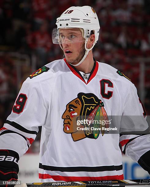 Jonathan Toews of the Chicago Blackhawks gets set for the face-off during Game Six of the Western Conference Semifinals against the Detroit Red Wings...