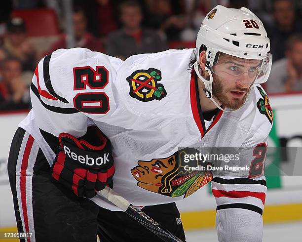 Brandon Saad of the Chicago Blackhawks gets set for the face-off during Game Six of the Western Conference Semifinals against the Detroit Red Wings...