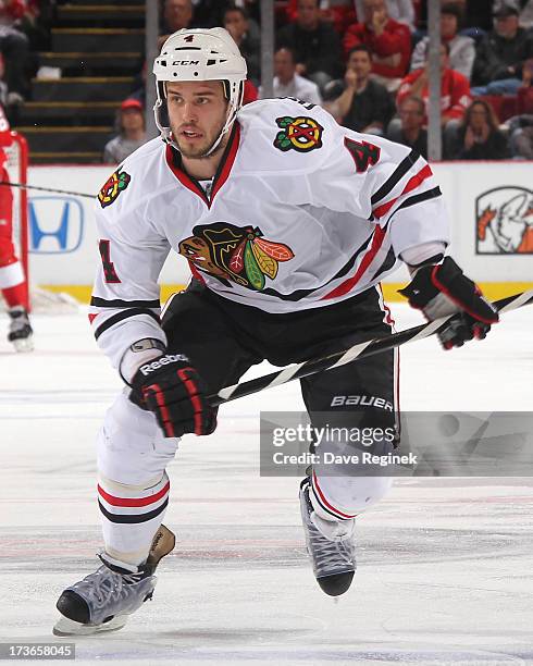 Niklas Hjalmarsson of the Chicago Blackhawks skates up ice during Game Six of the Western Conference Semifinals against the Detroit Red Wings during...