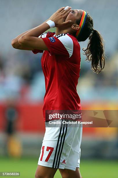 Nadia Nadim of Denmark looks thoughtful after missing a goal during the UEFA Women's EURO 2013 Group A match between Denmark and Finland at Gamla...