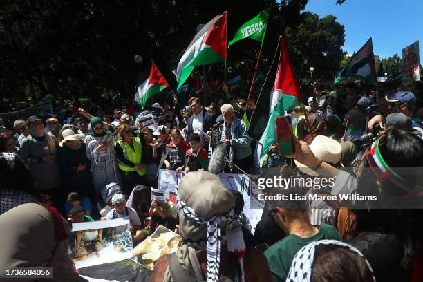 Palestine supporters gather during a protest at Hyde Park on October 15, 2023 in Sydney, Australia. The Palestinian militant group Hamas launched a...