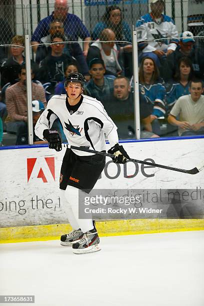 Tomas Hertl of the San Jose Sharks skates on the ice during the Sharks Prospect Summer Scrimmage at the San Jose Sharks practice facility on July 11,...