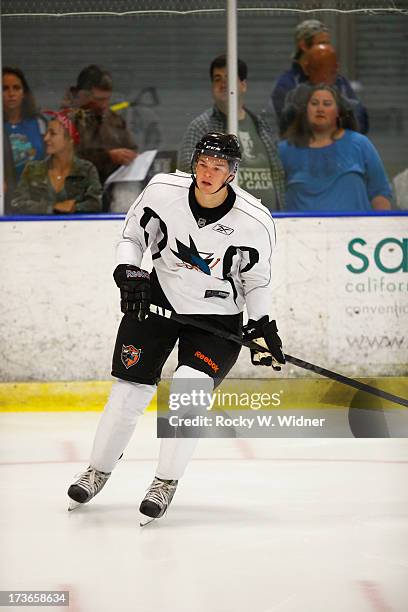 Tomas Hertl of the San Jose Sharks skates on the ice during the Sharks Prospect Summer Scrimmage at the San Jose Sharks practice facility on July 11,...