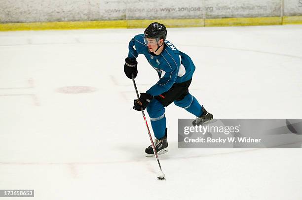 Mirco Mueller of the San Jose Sharks skates on the ice during the Sharks Prospect Summer Scrimmage at the San Jose Sharks practice facility on July...