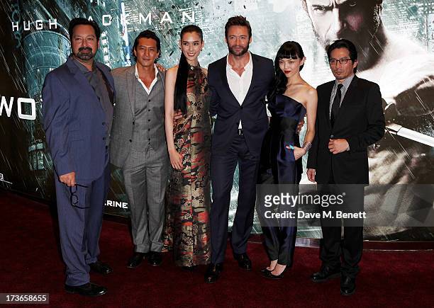 Director James Mangold, Will Yun Lee, Tao Okamoto, Hugh Jackman, Rila Fukushima and Hiroyuki Sanada attend the UK Premiere of 'The Wolverine' at...