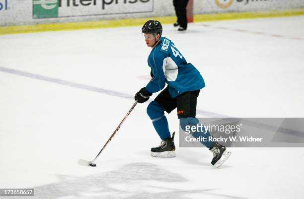 Mirco Mueller of the San Jose Sharks skates on the ice during the Sharks Prospect Summer Scrimmage at the San Jose Sharks practice facility on July...