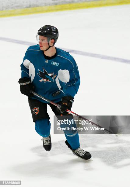 Mirco Mueller of the San Jose Sharks skates on the ice during the Sharks Prospect Summer Scrimmage at the San Jose Sharks practice facility on July...