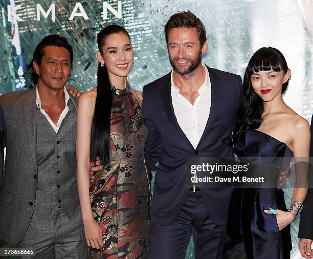 Will Yun Lee, Tao Okamoto, Hugh Jackman and Rila Fukushima attend the UK Premiere of 'The Wolverine' at Empire Leicester Square on July 16, 2013 in...