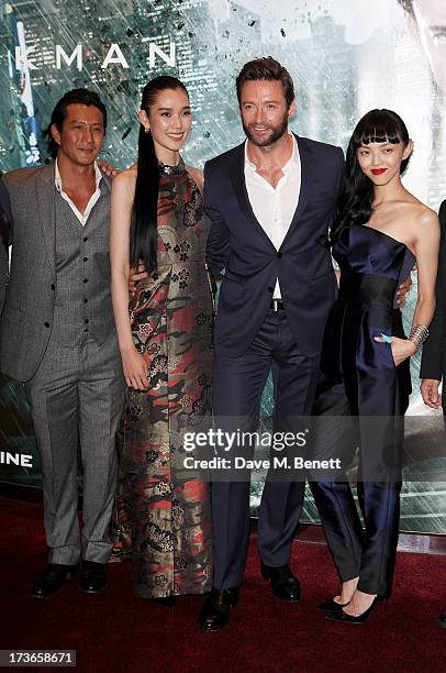 Will Yun Lee, Tao Okamoto, Hugh Jackman and Rila Fukushima attend the UK Premiere of 'The Wolverine' at Empire Leicester Square on July 16, 2013 in...