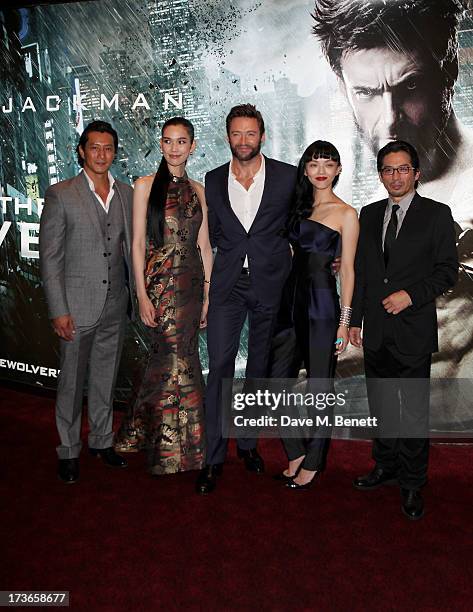 Will Yun Lee, Tao Okamoto, Hugh Jackman, Rila Fukushima and Hiroyuki Sanada attend the UK Premiere of 'The Wolverine' at Empire Leicester Square on...