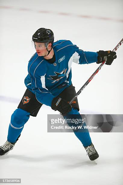 Mirco Mueller of the San Jose Sharks skates on the ice during the Sharks Prospect Summer Scrimmage at the San Jose Sharks practice facility on July...