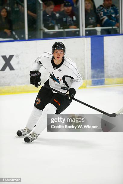 Tomas Hertl of the San Jose Sharks skates on the ice during the Sharks Prospect Summer Scrimmage at the San Jose Sharks practice facility on July 11,...