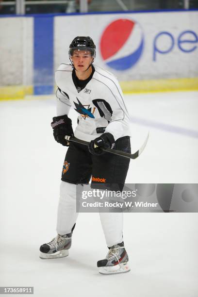 Tomas Hertl of the San Jose Sharks skates on the ice during the Sharks Prospect Summer Scrimmage at the San Jose Sharks practice facility on July 11,...