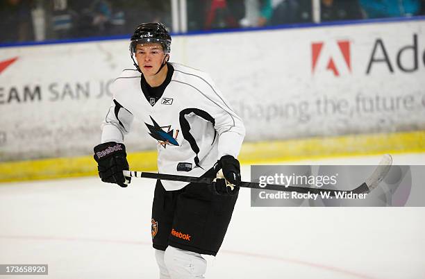 Tomas Hertl of the San Jose Sharks skates on the ice during the Sharks Prospect Summer Scrimmage at the San Jose Sharks practice facility on July 11,...