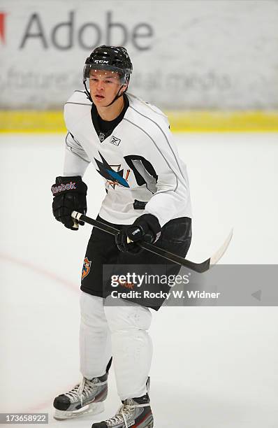 Tomas Hertl of the San Jose Sharks skates on the ice during the Sharks Prospect Summer Scrimmage at the San Jose Sharks practice facility on July 11,...