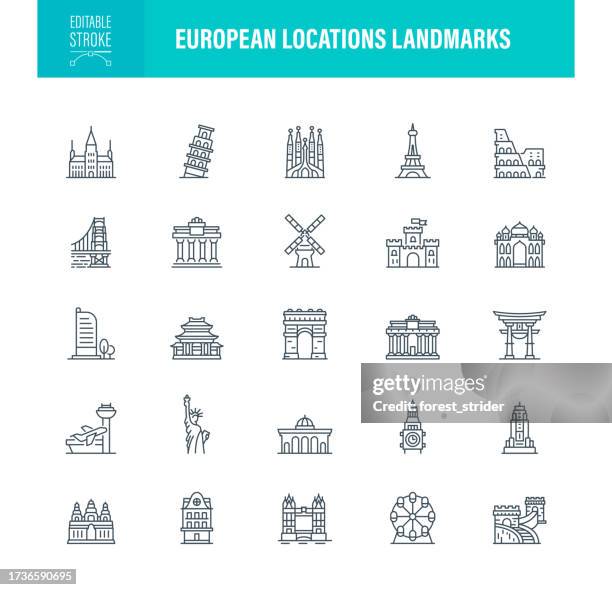 ilustraciones, imágenes clip art, dibujos animados e iconos de stock de ubicaciones europeas puntos de referencia iconos trazo editable - arco del triunfo parís