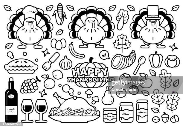 cute monochrome icon set design elements of thanksgiving day - cornucopia leaves stock illustrations