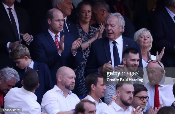 William, Prince of Wales and Bill Beaumont, Chairperson of World Rugby look on during the Rugby World Cup France 2023 Quarter Final match between...