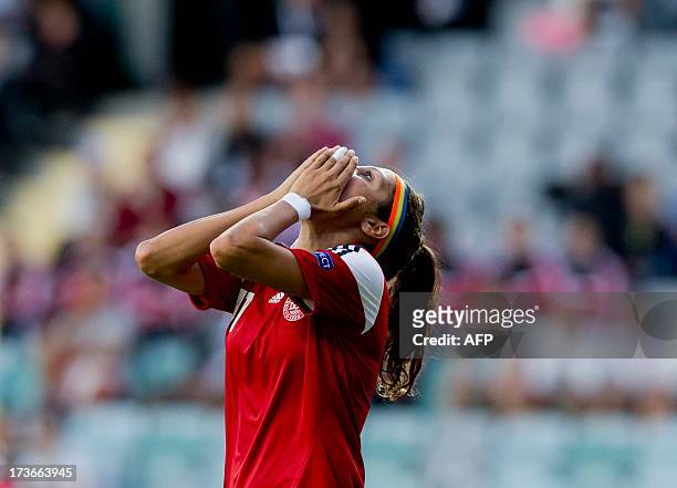 Denmark's Nadia Nadimi reacts after a missed shot on goal during the UEFA Women's EURO 2013 group A soccer match between Denmark and Finland, at...