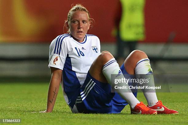 Anna Westerlund of Finland looks dejected after the UEFA Women's EURO 2013 Group A match between Denmark and Finland at Gamla Ullevi Stadium on July...