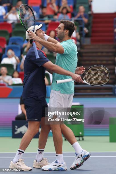 Marcel Granollers of Spain and Horacio Zeballos of Argentina celebrates after winning the men's doubles final match against Rohan Bopanna of India...