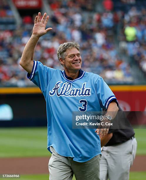 Former Atlanta Brave Dale Murphy is honored by the Atlanta Braves prior to the game against the Cincinnati Reds at Turner Field on July 11, 2013 in...