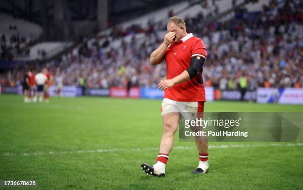 Corey Domachowski of Wales looks dejected after the Rugby World Cup France 2023 Quarter Final match between Wales and Argentina at Stade Velodrome on...