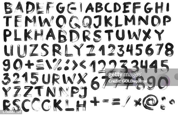bildbanksillustrationer, clip art samt tecknat material och ikoner med numbers and capital letters isolated on white sheet of paper - illustration in vector with personalized alphabet design - unique template with signs painted by hand by black acyrlic paind and rough brush - doodles with original textured effect - siffror