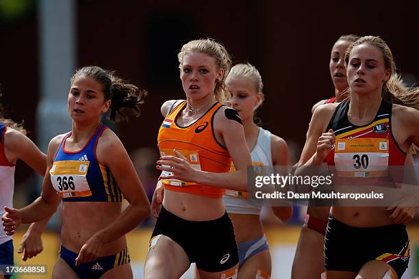 Simona Petronela Caziuc of Romania, Danaid Prinsen of Netherlands and Lotte Scheldeman of Belgium competes in the Girls 800m heats during the...