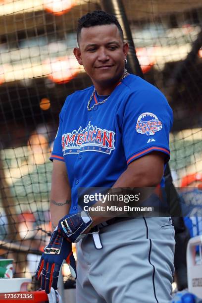 American League All-Star Miguel Cabrera of the Detroit Tigers takes batting practice before the 84th MLB All-Star Game on July 16, 2013 at Citi Field...