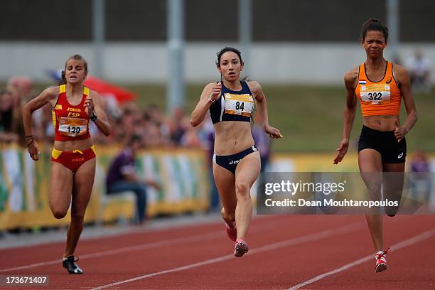 Paraskevi Andreou of Cyprus leads and wins the Girls 100m against Tasa Jiya of Netherlands during the European Youth Olympic Festival held at the...