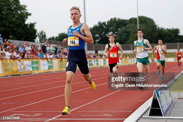 Julius Uutela of Finland wins in the Boys 800m heat during the European Youth Olympic Festival held at the Athletics Track Maarschalkersweerd on July...