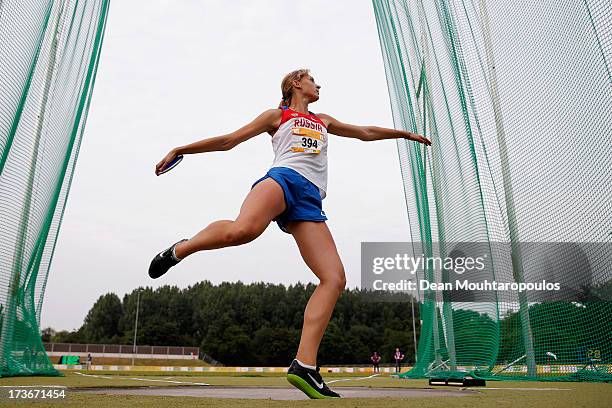 Anastasiia Vitiugova of Russia competes in the Girls Discus during the European Youth Olympic Festival held at the Athletics Track Maarschalkersweerd...