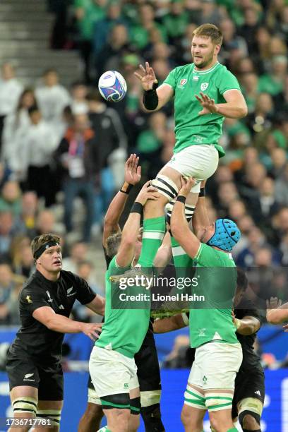 Iain Henderson of Ireland wins the ball during the Rugby World Cup France 2023 Quarter Final match between Ireland and New Zealand at Stade de France...