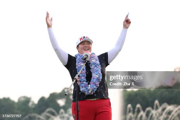 Angel Yin of the United States celebrates after winning the final round of the Buick LPGA Shanghai at Shanghai Qizhong Garden Golf Club on October...
