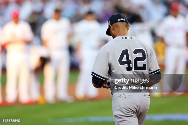 American League All-Star Mariano Rivera of the New York Yankees takes the field priot to the 84th MLB All-Star Game on July 16, 2013 at Citi Field in...