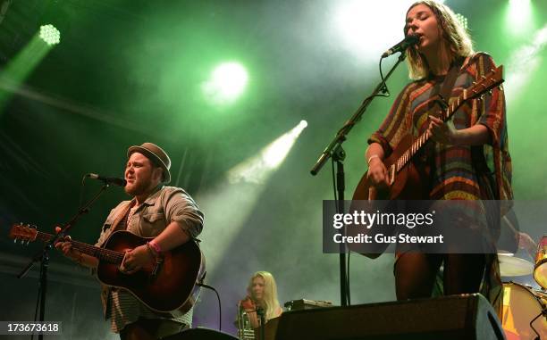 Ragnar Thorhalisson and Nanna Bryndis of Of Monsters And Men perform on stage as part of the annual Summer Series of open-air concerts at Somerset...