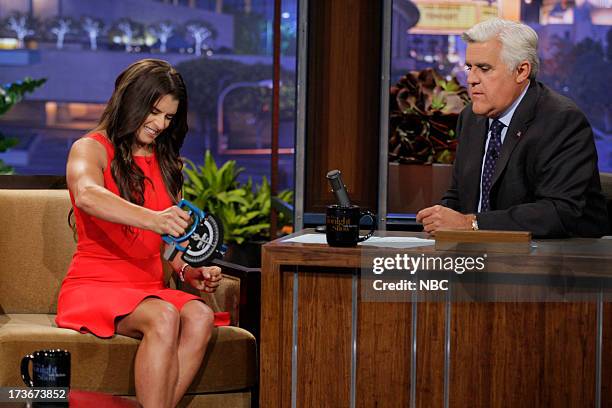 Episode 4496 -- Pictured: Nascar driver Danica Patrick during an interview with host Jay Leno on July 16, 2013 --