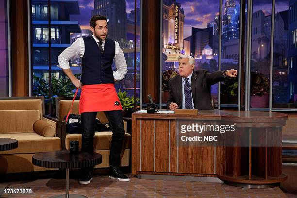 Episode 4496 -- Pictured: Actor Zachary Levi lives out his dream of being a waiter during an interview with host Jay Leno on July 16, 2013 --