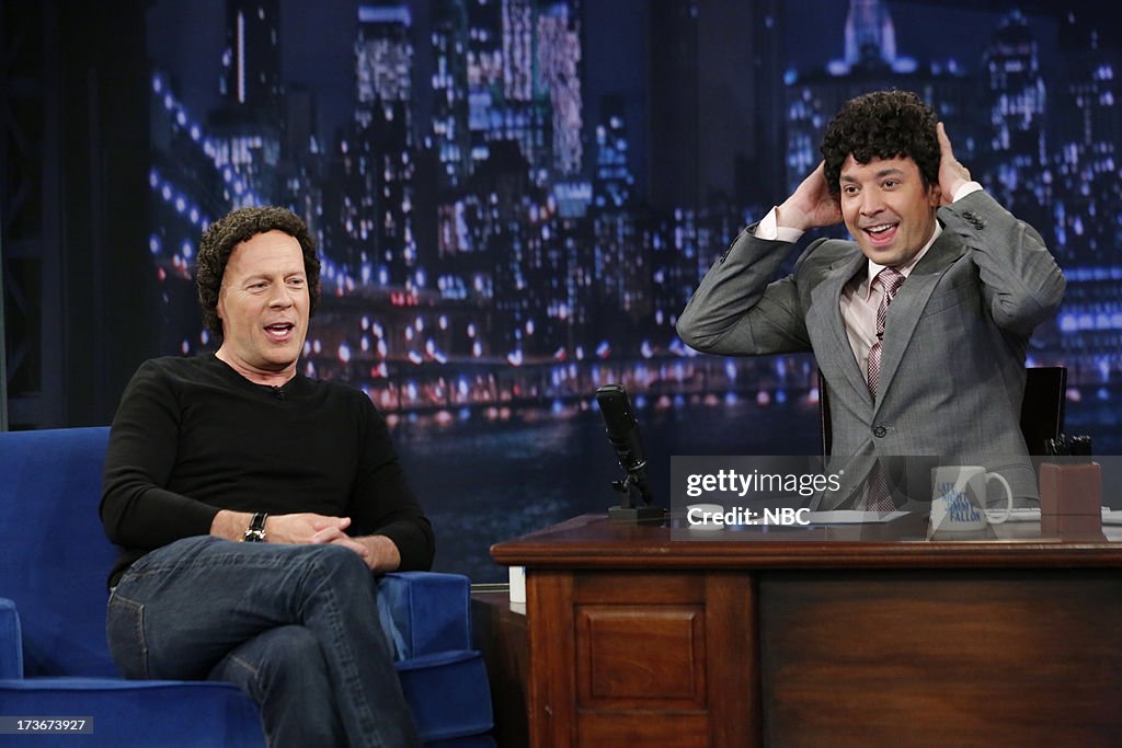 Jimmy Fallon Roles Bruce Willis with host Jimmy Fallon during an interview on July 16 ...