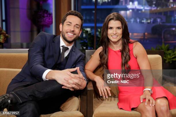 Episode 4496 -- Pictured: Actor Zachary Levi and Nascar driver Danica Patrick during a commerical break on July 16, 2013 --